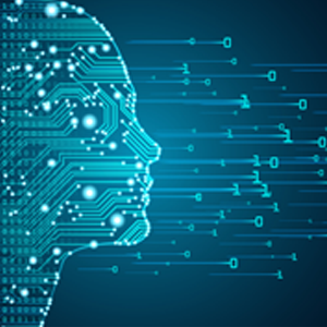 Big data and artificial intelligence concept. Profile of a human face with circuit board and binary data flow on blue background.