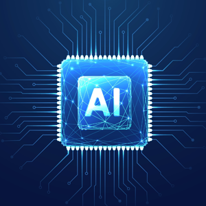 Square-shaped circuit board in blue lights with the letters AI in the center.