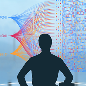 The silhouette of a person with their hands on their hips is illustrated in the foreground. The person is staring at data schematics in the background, which are featured in an array of colors. From each schematic reads numbers like "00011," "00011," and "01100."