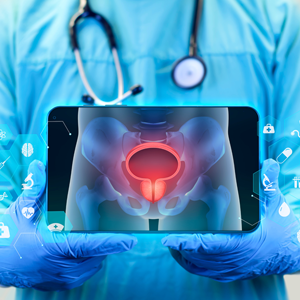 A doctor presents a laptop displaying a prostate image. Small icons around the laptop represent items found in clinical medicine, including a syringe, a microscope, medical scans, a doctor’s bag, and a nurse’s cap. Denotes the idea of bringing technology into clinical practice.