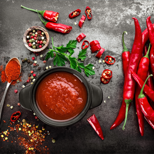 hot chili peppers, spices, and hot sauce in a bowl on a table