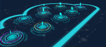 Stylized image of a cloud showing repositories of data represented by circles with small icons hovering over top. The repositories include canine, imaging, genomic, and other types of data.