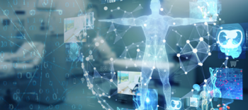 Image of holographic human displayed over hospital room. 